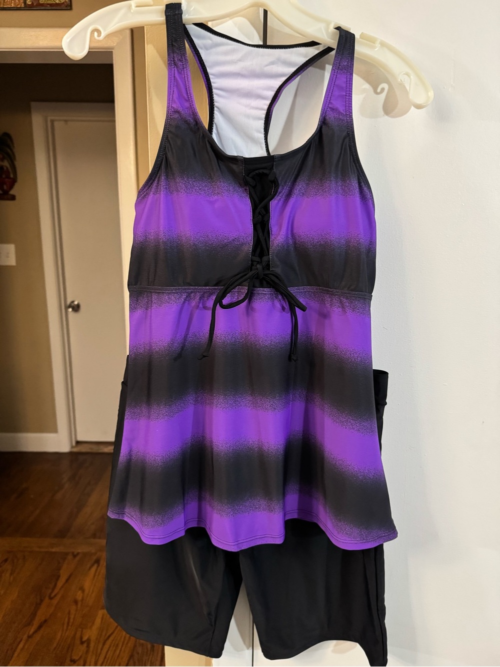 Racerback Lace-Up Swim Tankini in Purple and Black